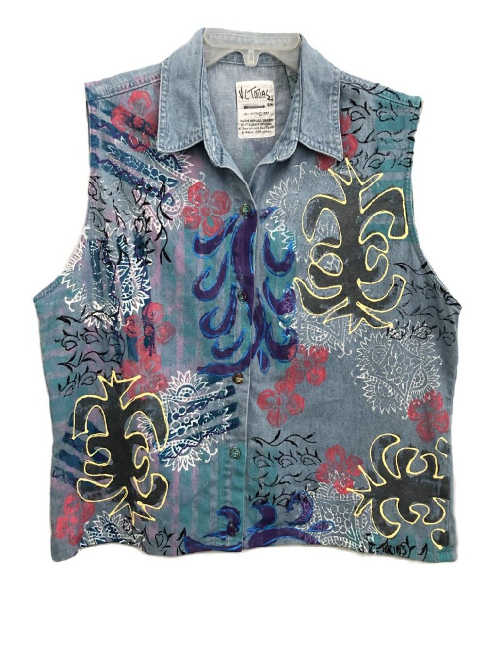 Vintage 90s VC Torias Wearable Art Denim Hand-Painted Top Vest